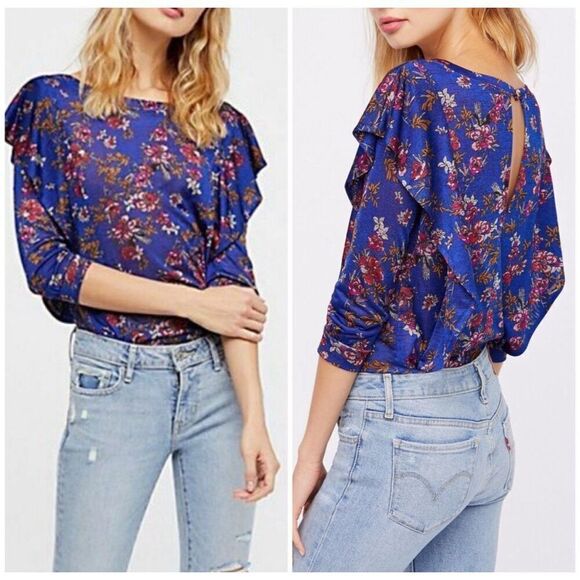 Free People Dock Street Top Blue Floral Ruffle Long Sleeve Size M - Picture 3 of 12
